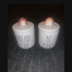 2 RAE DUNN JARS CERAMIC WITH TOPS LIDS SPREAD LOVE BE KIND