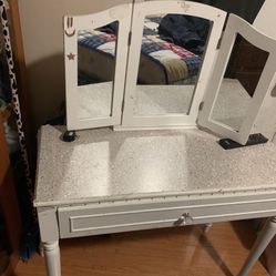 White Wood Vanity Desk w/ Mirror 