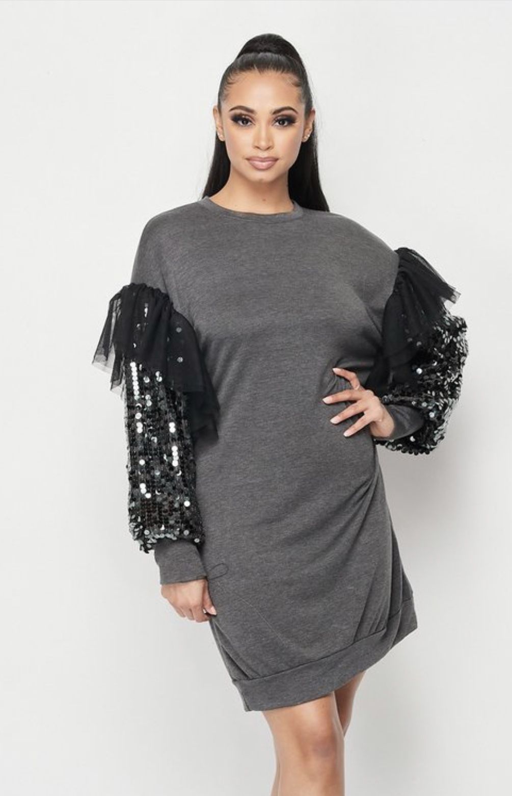 Ms. Gray Sequin Sweatshirt Dress