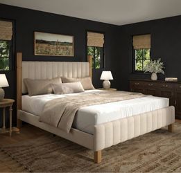 Queen Bed Frame with Headboard, Solid Wood Bed Frame Queen Size, Platform Bedframe Noise Free, No Box Spring Needed, Beige Linen