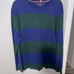 Vintage Tommy Hilfiger Mens Colorblock Pullover Shirt Navy Green Size Large RARE