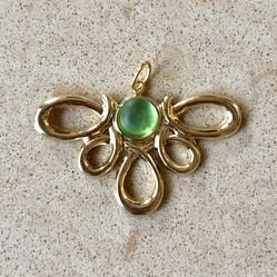 🟢 Beautiful, vintage, clear green cabochon in artistic gold tone setting pendant