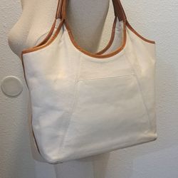 Brahmin cream and ivory white woven leather tote bag with saddle brown leather handles and trim,Luxury Designer Tote bag,12" x 11"x 5".