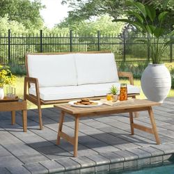 Brand New！LuxenHome Outdoor Acacia Wood Coffee Table and Loveseat with Cushions，OF1905-ST