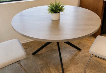 Modern Round Dining Table – Gray Wood Top & Black Metal Base
