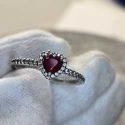 Pandora Sterling Silver Ring – Heart Red Stone & CZ Halo