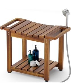 BLUEWEST Shower Bench Seat with Storage Shelf, Natural Wood Shower Benches for Inside Shower to Sit on, Waterproof Bathroom Spa Bench Stool for Legs S