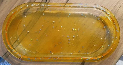 One-of-a-kind Honey-colored, Oval, Silver Glitter Resin Jewelry Plate