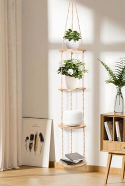 Hemp Rope Hanging Plant Shelf from Ceiling for Narrow Space Boho Hanging Plant Shelves, Natural Pine Wooden Plant Stand Display for Indoor, Outdoor, C
