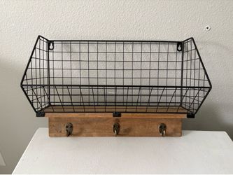 Wire basket shelf with hooks