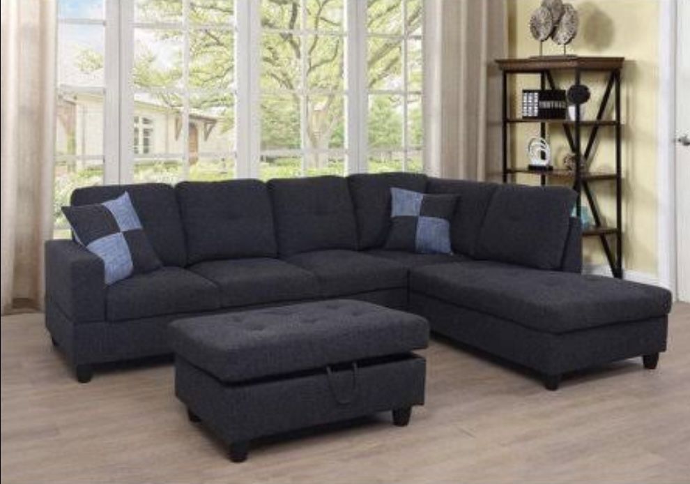 New Black Grey linen Sectional Sofa W/ Free Ottoman And Pillows New In Original Boxes