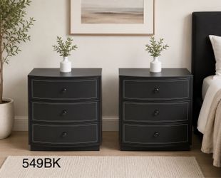 Nightstand Small Dresser Set of 2, Modern Black 3 Drawers Nightstand, Wooden Storage Dresser with Faux Leather Finish