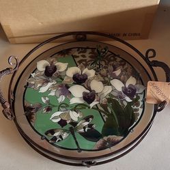 Joan Baker Designs SERVING TRAY • Dragon Fly with Flower Hand Painted Glass
