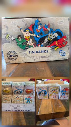 DC COMICS TIN COIN BANK LOT SUPERMAN BATMAN W.W LOGO-W/ RETAIL DISPLAY BOX!