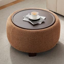 Round Ottoman with Storage, 30" Upholstered Ottoman Table with Removable Wood Top and Solid Wood Legs for Living Room, Bedroom, Apartments, Orange


