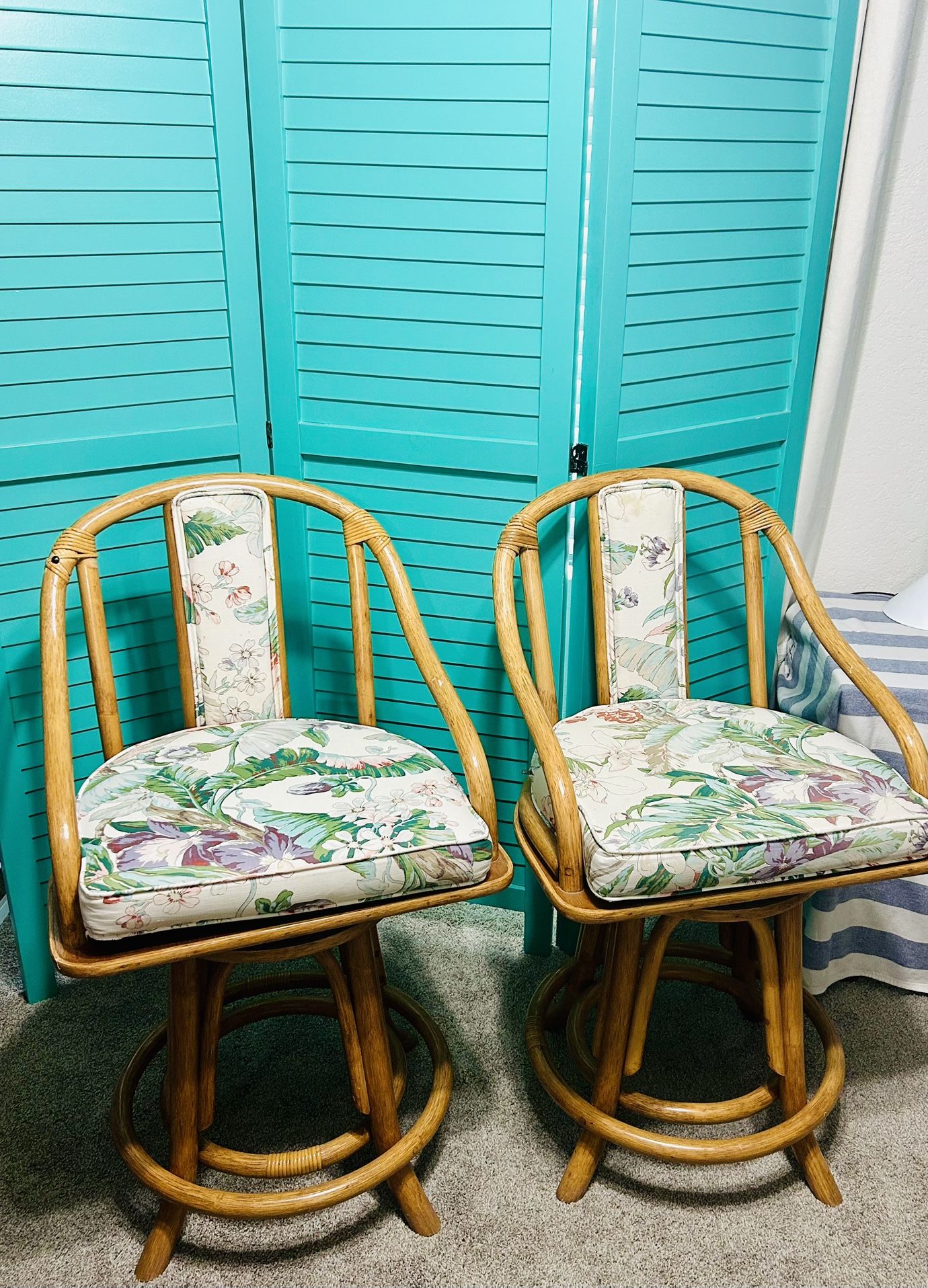 Rare Vintage Boho Style Counter Height Bar Stool Set