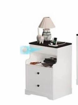 Smart Night Stand with Gun Drawer, White Farmhouse Nightstand with Charging Station, Brightness.