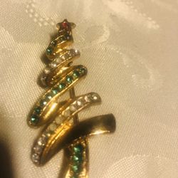 Vintage  Gold Tone Christmas  Tree  Brooch Pin 3 inches  Long 