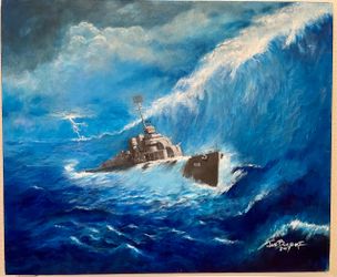 Original Stormy Seas & Naval Warship Painting on Stretched Canvas (24" x 20")
