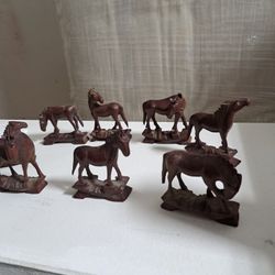 Set Of 8 Chinese Wood Carved Horses Figurines 