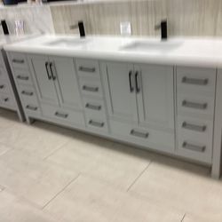 84” bathroom vanity cabinet new solid wood fully assembled Softclose drawers doors Quartz top 2 sinks ready for pick up today