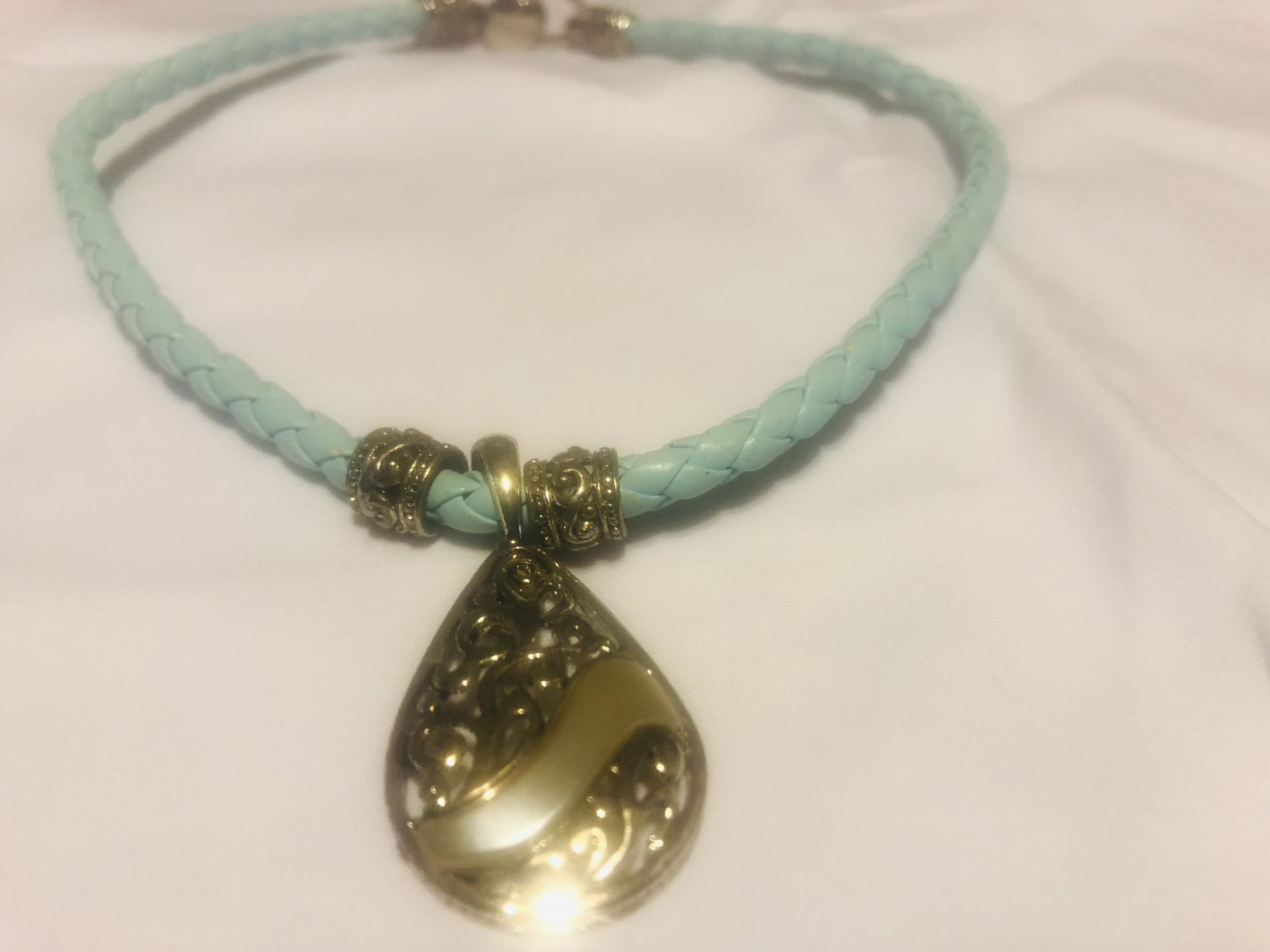 Vintage  Rope  Leather  Necklace  With Silver tone  Pendant  , Like New Condition  15 inches  Long