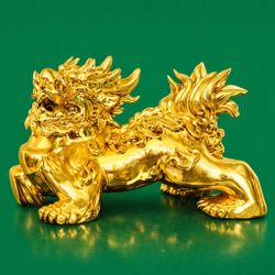 Golden guardian lion sculpture Statue Figurine Collectible Vintage Antique Qilin
