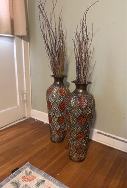 2 GORGEOUS ALUMINUM 31” VASES WITH SLENDER BRANCHES