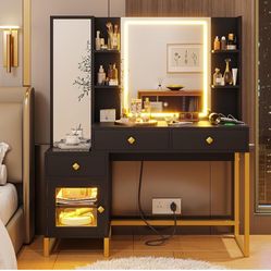 Black/Gold Vanity LED Desk With Jewelry Storage w/backlight Cabinets 