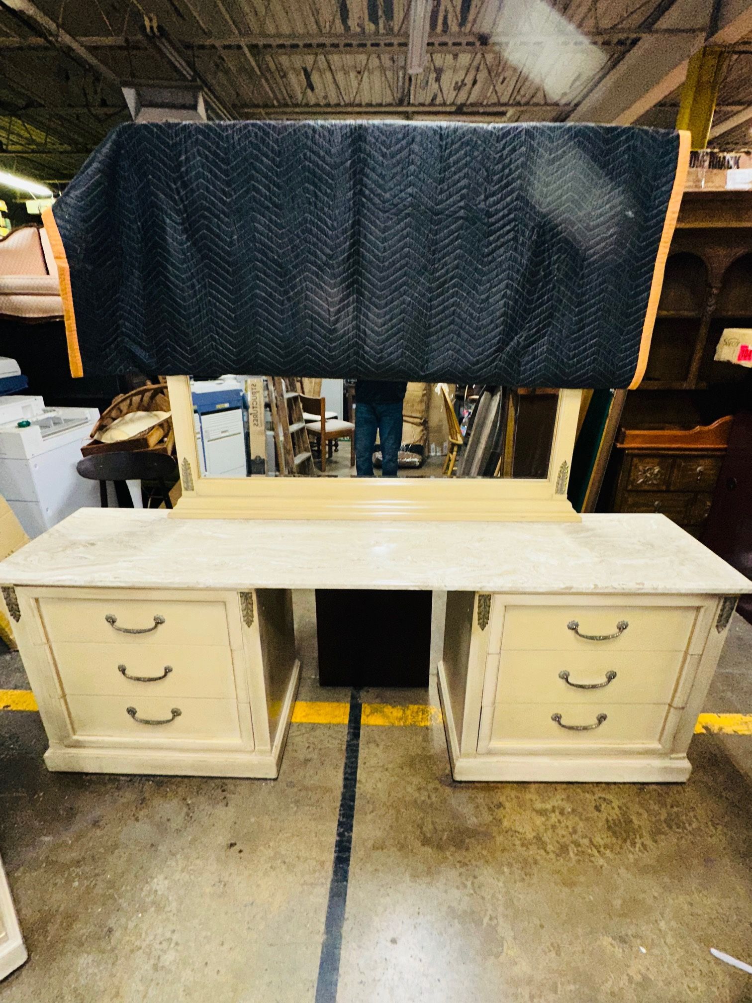 Bernhardt Long dresser/Vanity With Mirror & Nightstand Both With Marble Tops 84x19x31T With Mirror 66" 