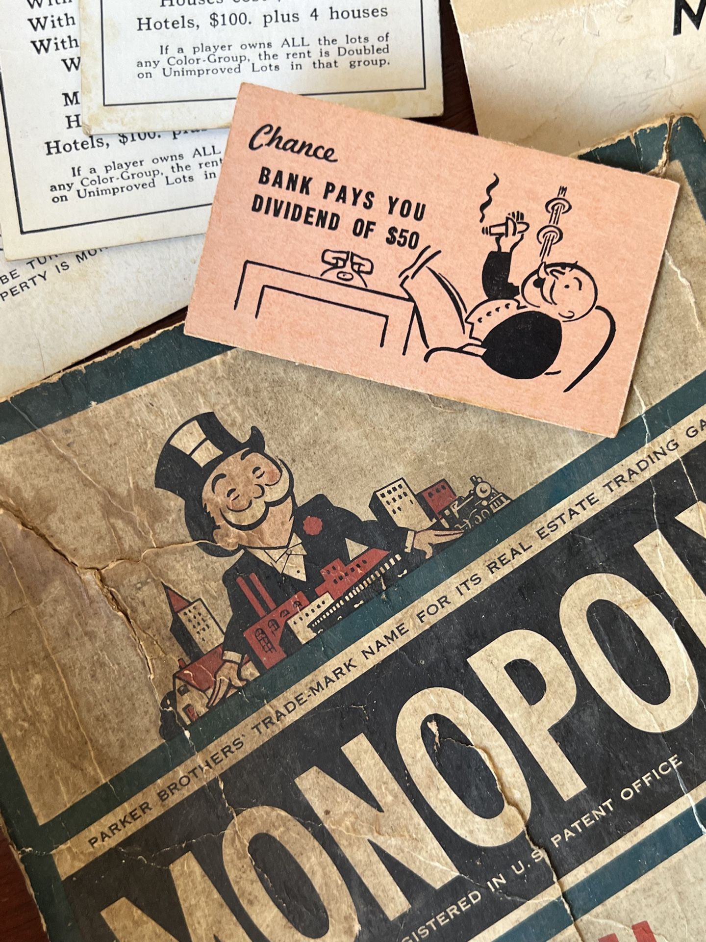 Vintage! 1936 Parker Brothers Monopoly - A Parker Trading Game U.S. Edition (No Board) Original Game Pieces Present (Bonus - 1954 Game Box Lid)