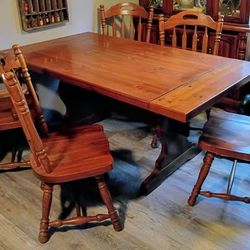 Solid Pine Trestle Dining Table with 6 Chairs - Farmhouse Style