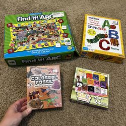 Toddler card game, ABC hungry caterpillar game, and letters/animals puzzle