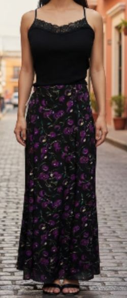 NWT~Vintage TAHARI Black Maxi Skirt With Purple Cherries