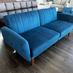 Blue Velvet Sofa Sleeper With USB Outlet 