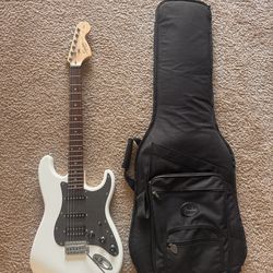 Squier Strat Electric Guitar, Fender Amp, Case & Tuner
