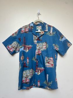 Paradise Found Hawaii SF Print Aloha Camp Shirt Blue Cotton Men’s Large