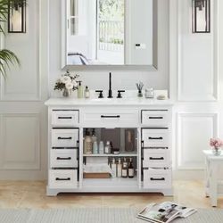 Single Sink Freestanding Bath Vanity in White with White Carrara Marble Top