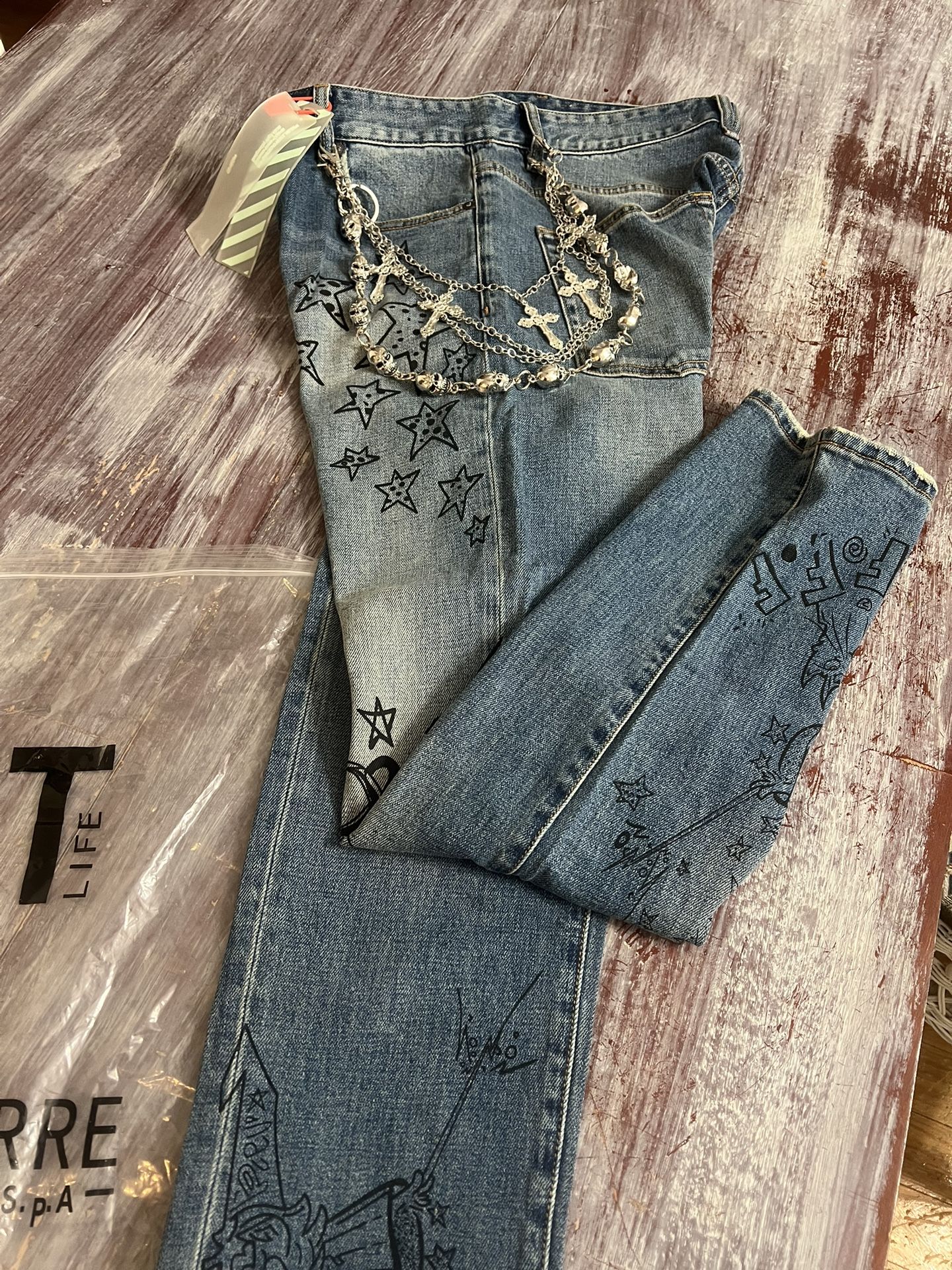 Off White Jeans Sz 32 With Chrome Hearts Chain