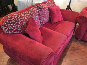 Red Couches w/ Custom Flower Embroidered Pillow Covers
