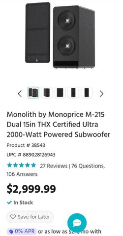 Monolith by Monoprice M-215 Dual 15in THX Certified Ultra 2000-Watt Powered Subwoofer