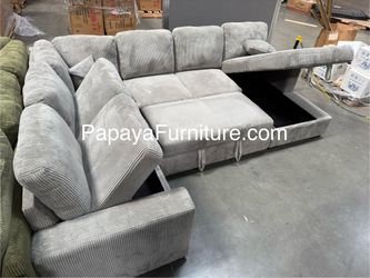 NEW LARGE U Shape Sectional Couch with Pullout Sleeper Bed and Storage Chaise Sofa Set Living Room Space Light Gray Fabric Modern IKEA Style Furniture