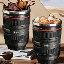 Camera Lens SLR Coffee Mug • Stainless Steel Cup, Screw-On Lid, Insulated, 12 oz