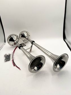 12V Dual Electric Trumpet Horns For Trucks/Boats, Stainless Steel, 125 db