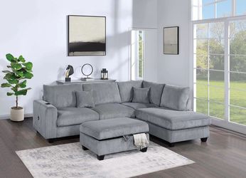 Sectional w Storage Ottoman and Right Chaise Fog Corduroy fabric, New Especial price 