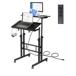 Hadulcet Mobile Standing Desk with Charging Station, Adjustable Standing Computer Desk, Standing Adjustable Laptop Cart with Wheels for Home Office Cl