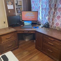 3 pc Solid Oak Corner Computer Desk with Storage