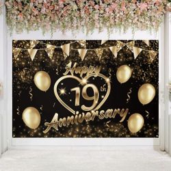 Happy 19th Anniversary Backdrop Banner Decor Black Gold – Glitter Love Heart Happy 19 Years Wedding Anniversary Party Theme Decorations.