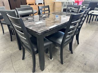New 7 Pc Dining Set, Marble Top Style, Table and Chairs