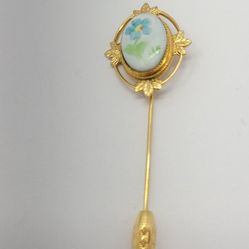 Vintage Floral Porcelain Hat Pin Gold Tone Hand Painted Blue Flower Brooch...